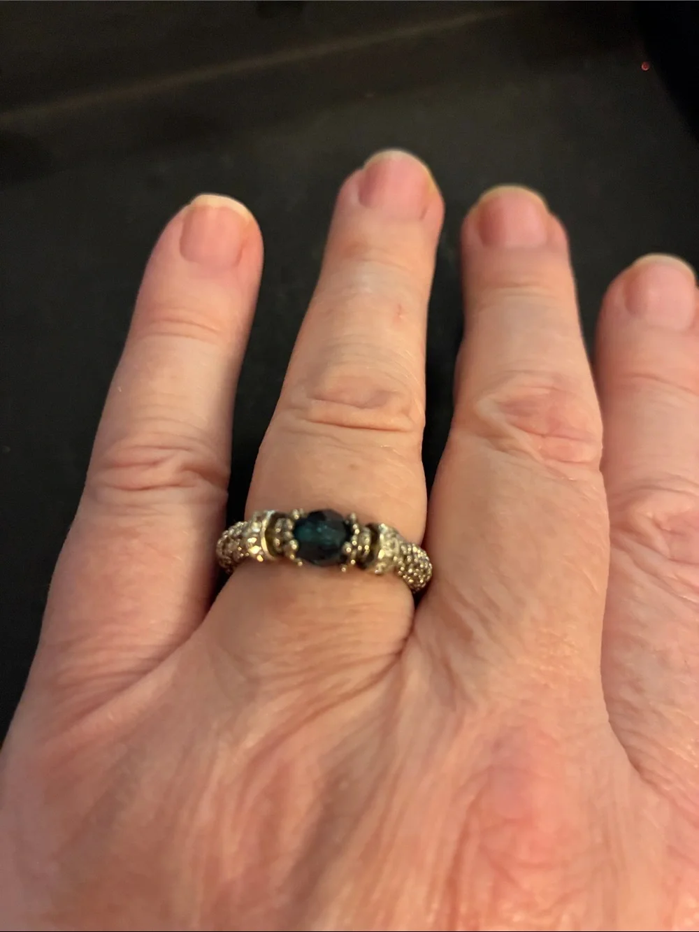 Gold-Tone Stretch Ring with Dark Blue Oval Stone and Pavé Accents.  NWOT